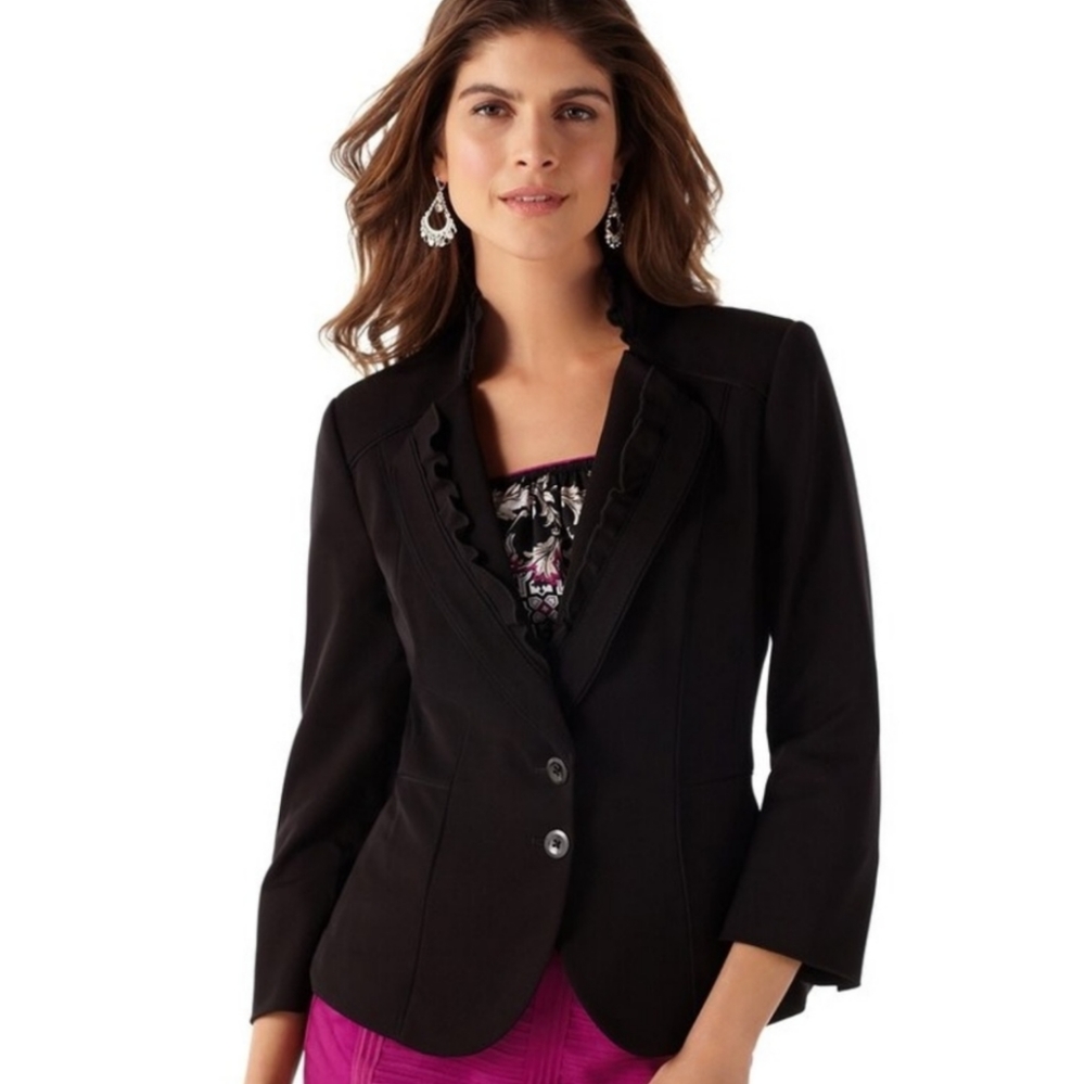White House Black Market Petite Seasonless Ruffle Lapel Jacket, Black Blazer 4P